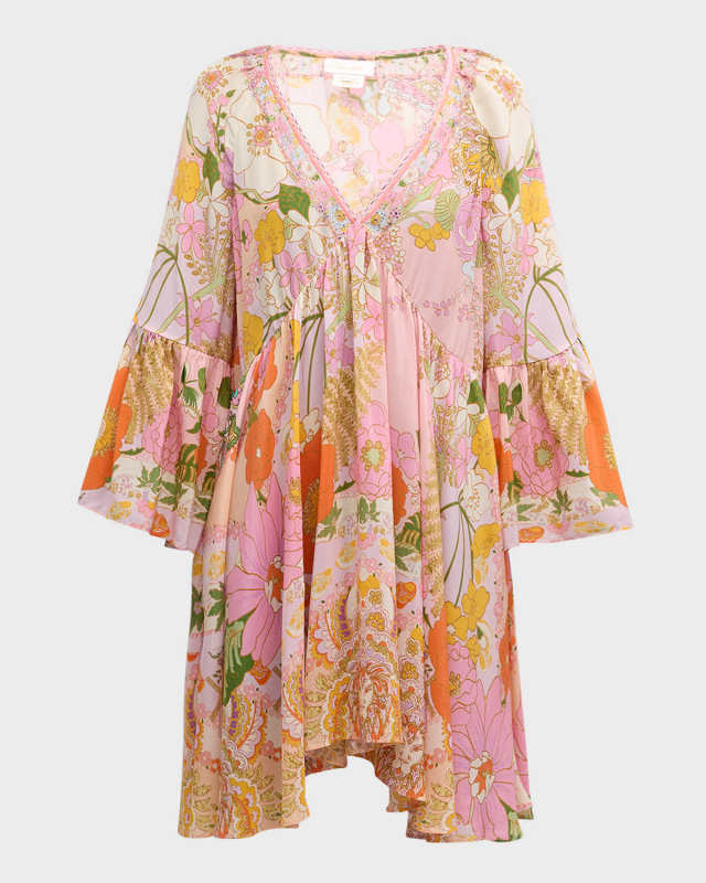 Silk A-Line Ruffle-Sleeve Mini Dress